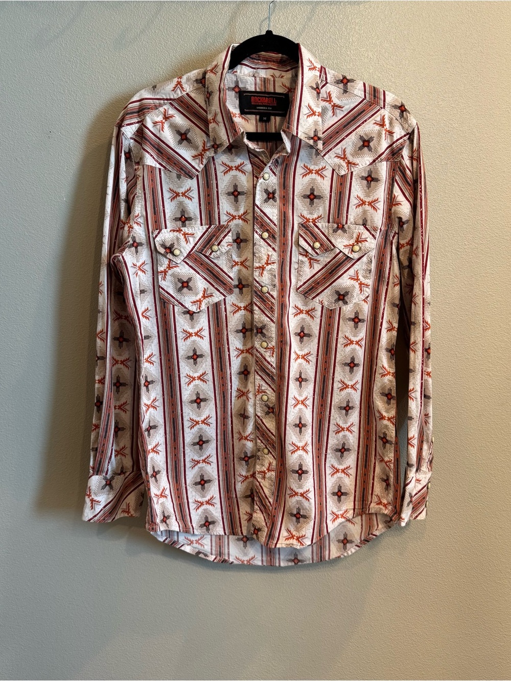 Rock & Roll Men's Red & White Printed Western Snap-front Shirt